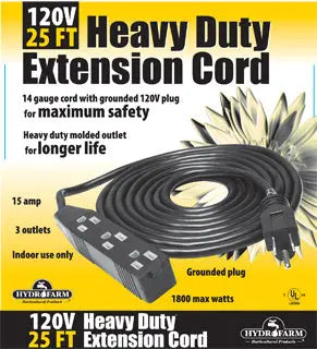 HydroFarm Heavy Duty 120V Extension Cord, 25'